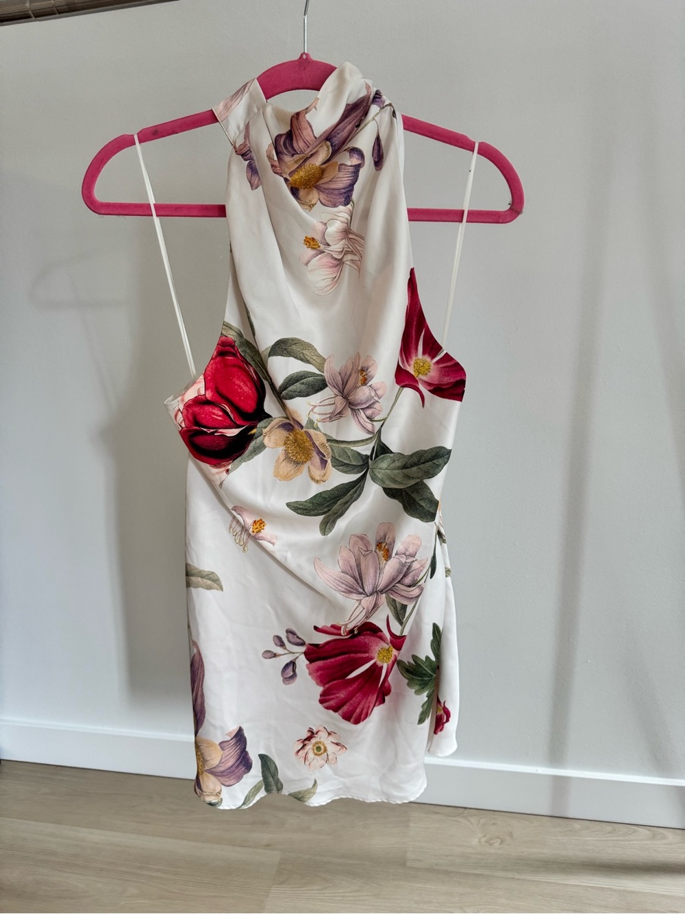 Meshki White Satin Halter Mini Dress with Red & Green Floral Print